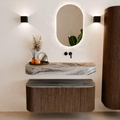 MONDIAZ THOR-DLUX 110cm badmeubel ronding links + rechts kleur Walnut met 1 lade en 2 deuren. Vrijhangende wastafel CLOUD Rechts zonder kraangat kleur Sombra.