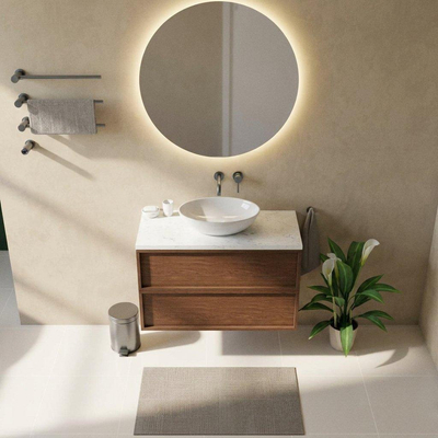 Saniclass Holz Frame Ensemble meuble de salle de bains - 100x45x63cm - Plan vasque en marbre Dia poli (blanc) - sans trou de robinetterie - 2 tiroirs - walnut pure mat (bois)