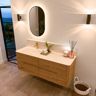 Mondiaz CIRO-DLUX Ensemble de meuble de salle de bains - 140x45x50cm - Plan-vasque solid surface Meli - 1 bassin à gauche - 1 trou de robinet - 4 tiroirs - Chêne