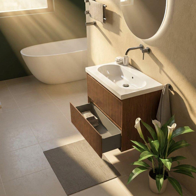 Saniclass Holz Atelier Ensemble meuble de salle de bains - 80x45x63.5cm - lavabo en céramique Palermo blanc - 1 vasque - sans trou de robinet - 2 tiroirs - walnut pure mat (bois)