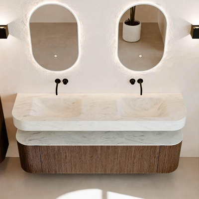 MONDIAZ THOR-DLUX 170cm badmeubel ronding links + rechts kleur Walnut met 1 lade en 2 deuren. Vrijhangende wastafel CLOUD Dubbel zonder kraangat kleur Opalo.