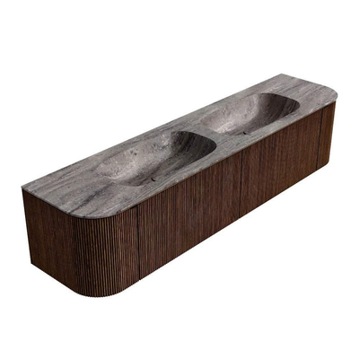 MONDIAZ KURVE-DLUX 190cm badmeubel ronding Links + Rechts kleur Walnut met 2 lades en 2 deuren. Wastafel STOR SMALL Dubbel zonder kraangat Oza.