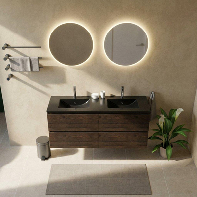 Saniclass Holz Pure Ensemble de meubles de salle de bains - 140x45x62cm - Lavabo Vygo en céramique noir - 2 vasques - 2 trous de robinet - 4 tiroirs - chêne charcoal mat (bois)
