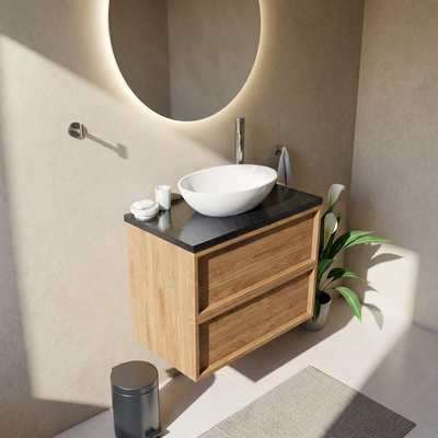 Saniclass Holz Frame Ensemble meuble de salle de bains - 80x45x63cm - Plan vasque en basalte Noche poli (noir) - 1 trou de robinetterie - 2 tiroirs - chêne natural mat (bois)