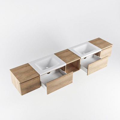 MONDIAZ BUKLA 240cm ensemble de meuble avec module ouvert 40 au milieu couleur Chêne blanchi avec 4 tiroirs. Lavabo CLOUD double 2 trous de robinet couleur Talc.