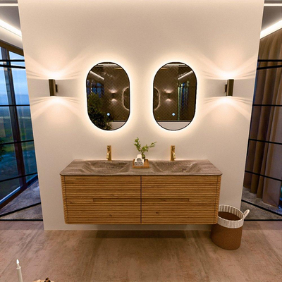 Mondiaz CIRO-DLUX Ensemble de meuble de salle de bains - 150x45x50cm - Plan vasque solid surface Oza - 2 lavabos double - 2 trous de robinet - 4 tiroirs - Chêne