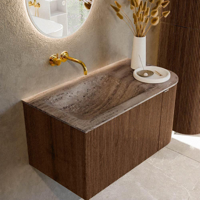 MONDIAZ KURVE-DLUX 85cm badmeubel ronding Rechts kleur Walnut met 1 lade en 1 deur. Wastafel CLOUD Links zonder kraangat Oza.