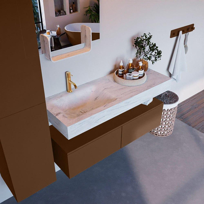 Mondiaz ALAN-DLUX Ensemble de meuble - 120cm - meuble Rust mat - 2 tiroirs - Lavabo Cloud Opalo suspendu - vasque Gauche - 1 trou de robinet