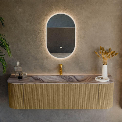 MONDIAZ KURVE-DLUX 160cm badmeubel ronding Links + Rechts kleur Dusk met 1 lade en 2 deuren. Wastafel BIG MEDIUM Midden 1 kraangat Sombra.