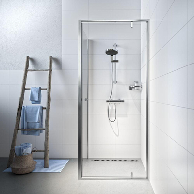 Sealskin Contour porte pivotante avec paroi latérale 90x90 cm, 200 cm de haut, inox, verre de sécurité clair 6 mm