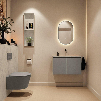 MONDIAZ TURE-DLUX Meuble toilette - 80cm - Smoke - EDEN - vasque Opalo - position centrale - sans trou de robinet