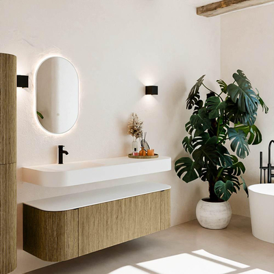 MONDIAZ THOR 150cm meuble de salle de bains arrondi gauche + droite couleur Dusk avec 1 tiroir et 2 portes. Vasque suspendue CLOUD gauche 1 trou de robinet couleur Talc.