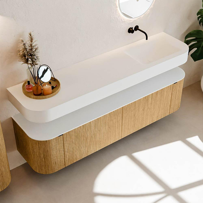 MONDIAZ THOR Meuble de salle de bains 180cm arrondi gauche + droite couleur Oak avec 2 tiroirs et 2 portes. Vasque suspendue CLOUD Droite sans trou de robinet couleur Talc.