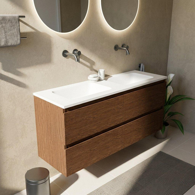 Saniclass Holz Pure Ensemble de meubles de salle de bains - 140x45x77.5cm - lavabo Torino en solid surface blanc - sans trou de robinetterie - 4 tiroirs - walnut pure mat (bois)