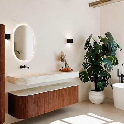 MONDIAZ THOR-DLUX 160cm meuble de salle de bains arrondi gauche + droite couleur Ruby avec 1 tiroir et 2 portes. Vasque suspendue CLOUD Gauche sans trou de robinet couleur Ostra.