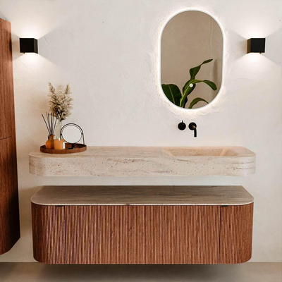 MONDIAZ THOR-DLUX 150cm meuble de salle de bains arrondi gauche + droite couleur Ruby avec 1 tiroir et 2 portes. Vasque suspendue CLOUD Droite sans trou de robinet couleur Saba.