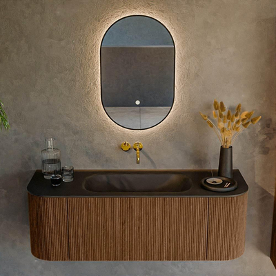 MONDIAZ KURVE 130cm Meuble salle de bain avec module 25 G et D - couleur Walnut - 1 tiroir - 2 portes - vasque BIG SMALL centre - sans trous de robinet - Urban