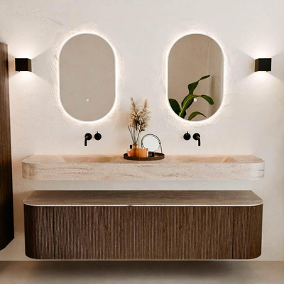 MONDIAZ THOR-DLUX Meuble de salle de bains - 180cm - arrondi gauche + droite - couleur Walnut - 2 tiroirs - 2 portes - Vasque suspendue CLOUD Double sans trou de robinet - couleur Saba