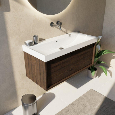 Saniclass Holz Frame Ensemble meuble de salle de bains - 100x45x47.5cm - Wave lavabo en céramique - 1 vasque - sans trou de robinet - 1 tiroir - chêne charcoal mat (bois)