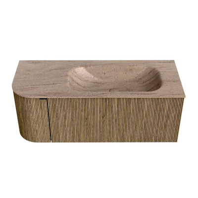 MONDIAZ KURVE-DLUX Meuble de salle de bains 115cm arrondi à gauche couleur Dusk avec 1 tiroir et 1 porte. Lavabo BIG SMALL à droite sans trou de robinet Saba.