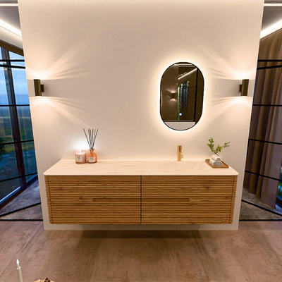 Mondiaz CIRO-DLUX Badkamermeubelset - 180x45x50cm - Solid surface wastafel Meli - 1 wasbak Rechts - 1 kraangat - 4 lades - Oak