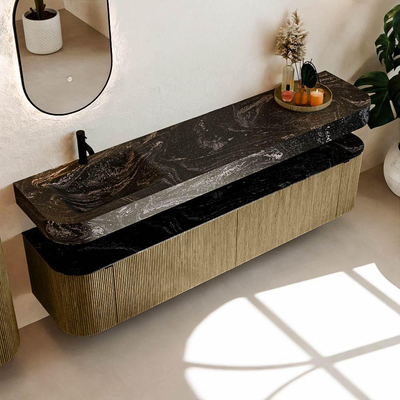 MONDIAZ THOR-DLUX 200cm meuble de salle de bains arrondi gauche + droite couleur Dusk avec 2 tiroirs et 2 portes. Vasque suspendue CLOUD Gauche 1 trou de robinet couleur Lava.