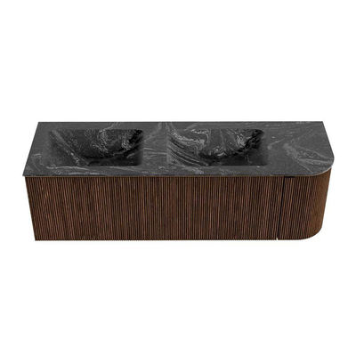 MONDIAZ KURVE-DLUX Meuble de salle de bains 145 cm avec module 25 R couleur Walnut avec 1 tiroir et 1 porte. Lavabo LEAF double / gauche sans trou de robinet couleur Lava.