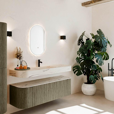 MONDIAZ THOR-DLUX 150cm meuble de salle de bains arrondi gauche + droite couleur Shadow avec 1 tiroir et 2 portes. Vasque suspendue CLOUD Milieu 1 trou de robinet couleur Nata.