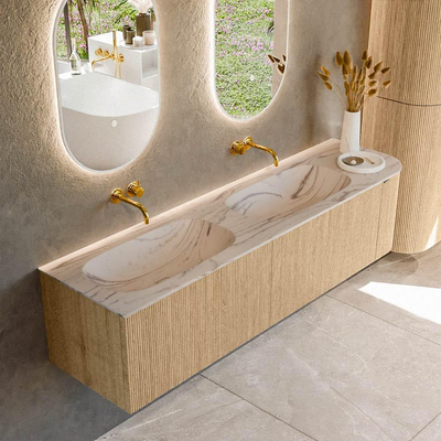 MONDIAZ KURVE-DLUX Meuble de salle de bains 175cm arrondi à droite couleur Oak avec 2 tiroirs et 1 porte. Vasque STOR SMALL Double / Gauche sans trou de robinet Nata.