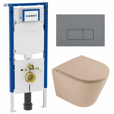 QeramiQ Dely Toiletset - 36.3x51.7cm - Geberit UP720 inbouwreservoir - rimless - diepspoel - zitting - softclose - bedieningsplaat licht grijs - rechthoekige knoppen - mat beige