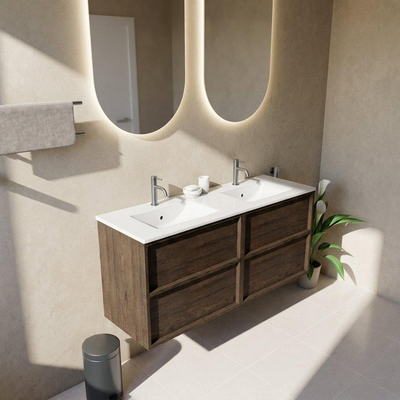 Saniclass Holz Frame Ensemble de meubles de salle de bains - 140x45x62cm - Lavabo Vygo en céramique blanc - 2 vasques - 2 trous de robinetterie - 4 tiroirs - chêne charcoal brillant (bois)