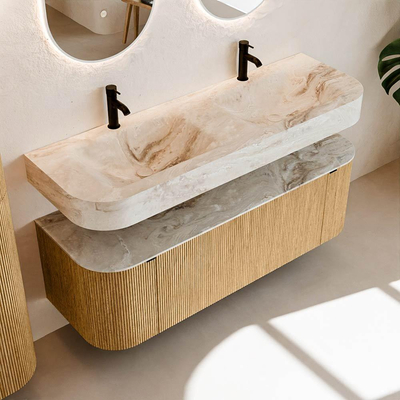 MONDIAZ THOR-DLUX 140cm meuble de salle de bains arrondi gauche + droite couleur Oak avec 1 tiroir et 2 portes. Vasque suspendue CLOUD Double 2 trous de robinet couleur Frappe.