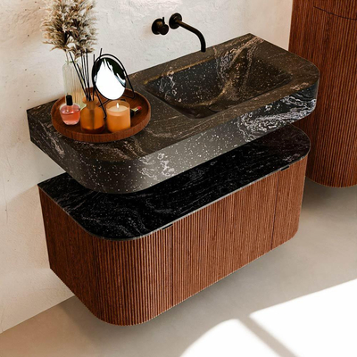 MONDIAZ THOR-DLUX 100cm meuble de salle de bains arrondi gauche + droite couleur Ruby avec 1 tiroir et 2 portes. Vasque suspendue CLOUD Droite sans trou de robinet couleur Lava.