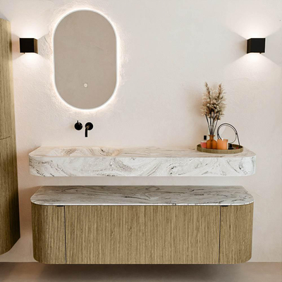 MONDIAZ THOR-DLUX 150cm meuble de salle de bains arrondi gauche + droite couleur Dusk avec 1 tiroir et 2 portes. Vasque suspendue CLOUD Gauche sans trou de robinet couleur Glace.