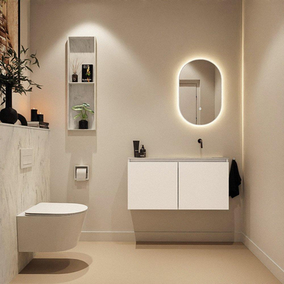 MONDIAZ TURE-DLUX Meuble de toilettes 100 cm Talc. Vasque EDEN Opalo position droite. Sans trou de robinet.