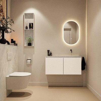 MONDIAZ TURE-DLUX Meuble toilette - 100cm - Talc - EDEN - vasque Opalo - position droite - sans trou de robinet