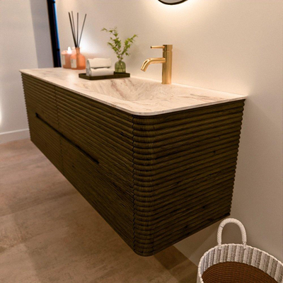 Mondiaz CIRO-DLUX Badkamermeubelset - 150x45x50cm - Solid surface wastafel Frappe - 1 wasbak Rechts - 1 kraangat - 4 lades - Shadow