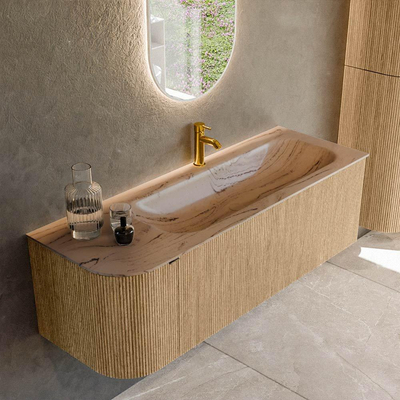 MONDIAZ KURVE-DLUX 135cm badmeubel ronding Links kleur Oak met 1 lade en 1 deur. Wastafel BIG MEDIUM Rechts 1 kraangat Arena.