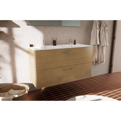 Nemo Go Ensemble de meuble - 120x65x45.5cm - 2 tiroirs - avec poignée - 2 vasque Blanc brillant - 2 trous de robinet - avec miroir - MDF Riverside Oak