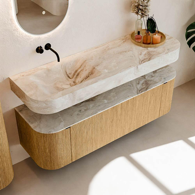 MONDIAZ THOR-DLUX 150cm badmeubel ronding links + rechts kleur Oak met 1 lade en 2 deuren. Vrijhangende wastafel CLOUD Links zonder kraangat kleur Frappe.
