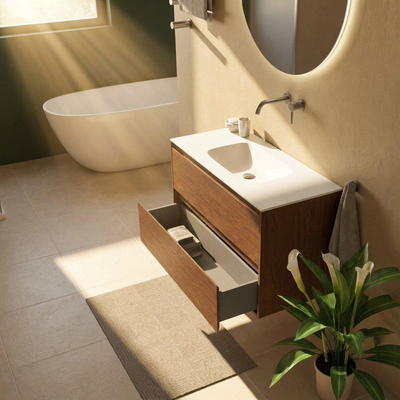 Saniclass Holz Pure Ensemble meuble salle de bains - 100x45x61.5cm - lavabo Flow en solid surface blanc - 1 vasque - sans trou de robinet - 2 tiroirs - noyer pure mat (bois)