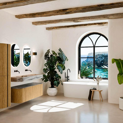 MONDIAZ THOR-DLUX 140cm badmeubel ronding links + rechts kleur Oak met 1 lade en 2 deuren. Vrijhangende wastafel CLOUD Dubbel zonder kraangat kleur Sombra.