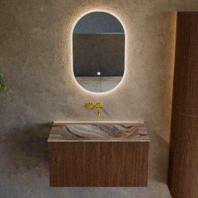 MONDIAZ KURVE-DLUX 80cm badmeubel kleur Walnut met 1 lade en 0 deuren. Wastafel BIG SMALL Midden zonder kraangat Sombra.