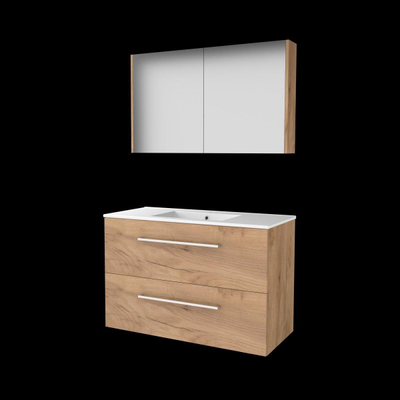 Basic-Line Comfort 46 ensemble de meubles de salle de bain 100x46cm avec poignées 2 tiroirs lavabo en porcelaine 1 trou de robinet armoire de toilette mfc whisky oak