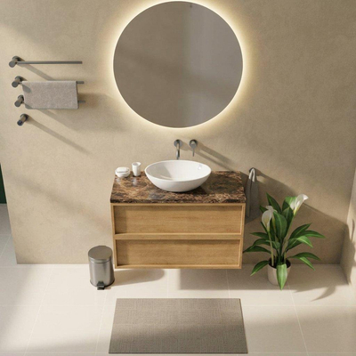 Saniclass Holz Frame Ensemble meuble de salle de bains - 100x45x63cm - Plan en pierre naturelle Noche dark emperador - sans trou de robinet - 2 tiroirs - chêne natural mat (bois)