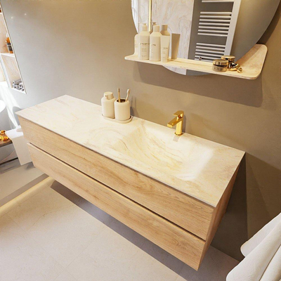 Mondiaz VICA-DLUX ensemble de meuble de salle de bain - 150cm - meuble sous-vasque chêne blanchi - 2 tiroirs - lavabo encastré cloud droite - 1 trou de robinet - version haute 60cm - ostra