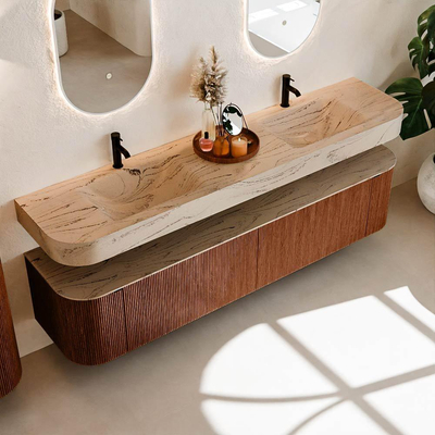 MONDIAZ THOR-DLUX 200cm meuble de salle de bains arrondi gauche + droite couleur Ruby avec 2 tiroirs et 2 portes. Vasque suspendue CLOUD Double 2 trous de robinet couleur Arena.