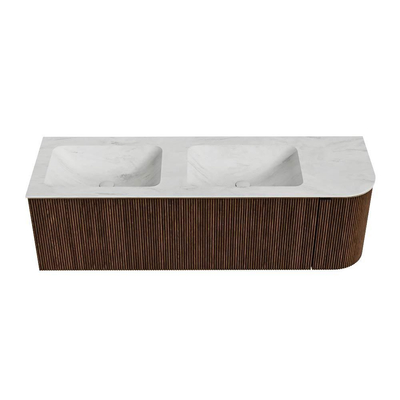 MONDIAZ KURVE-DLUX meuble de salle de bains 145cm avec module 25 R couleur Walnut avec 1 tiroir et 1 porte. Lavabo LEAF double / gauche 2 trous de robinet couleur Opalo.