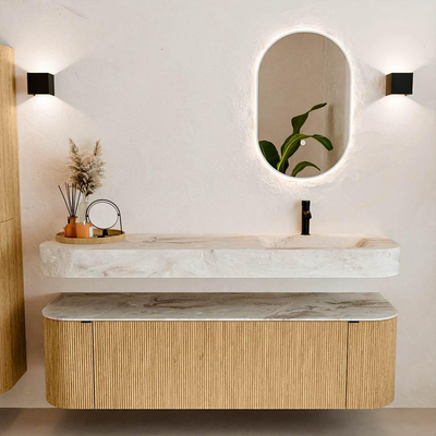 MONDIAZ THOR-DLUX 160cm badmeubel ronding links + rechts kleur Oak met 1 lade en 2 deuren. Vrijhangende wastafel CLOUD Rechts 1 kraangat kleur Frappe.