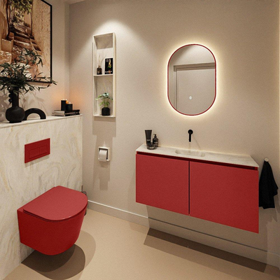 MONDIAZ TURE-DLUX Meuble toilette - 100cm - Fire - EDEN - vasque Ostra - position centrale - sans trou de robinet